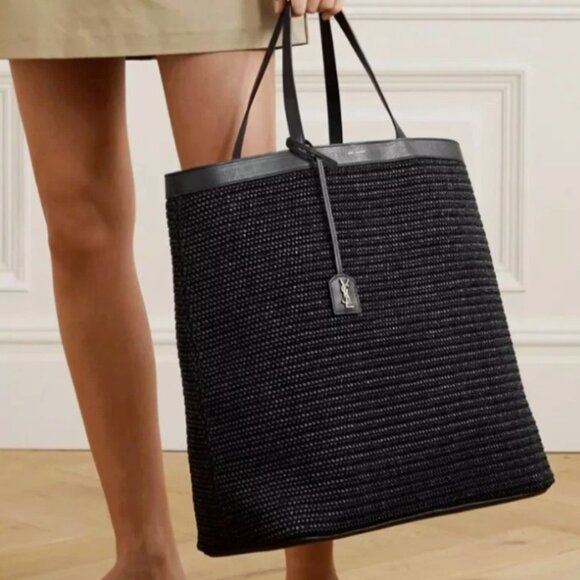 Saint Laurent YSL Logo Large Patti Raffia Leather Shopper Tote Bag - Black - NWT - Picture 1 of 16